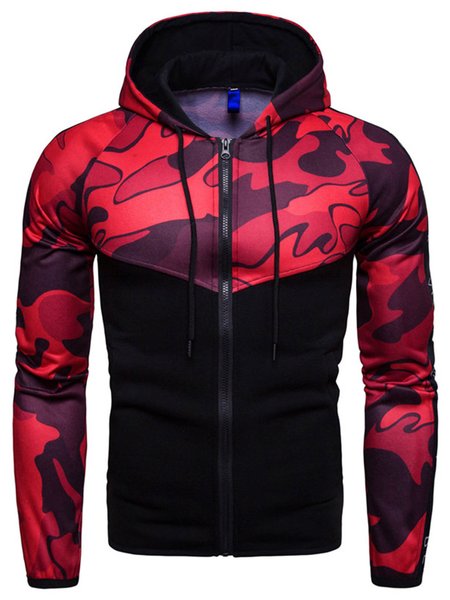 

Camouflage Panelling Casual Long Sleeve Sports Jacket, Red, Outerwear
