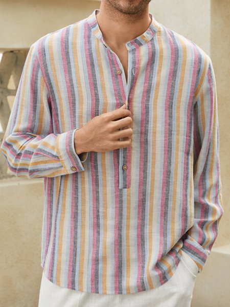 

Mens Cotton Linen Colorful Striped Casual Long Sleeve Henley Shirts, As picture, Shirts ＆ Blouse