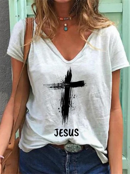 

Letter Printed Casual V Neck Short Sleeve T-Shirts, White, Tops