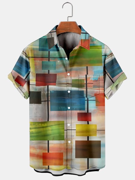 

Vacation Leisure Geometric Gradient Pattern Hawaiian Style Printed Shirt Top, Multicolor, Men's Floral shirt