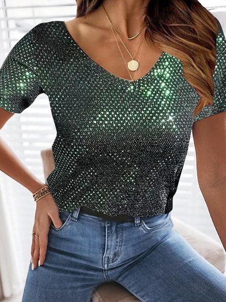

Short sleeve V-neck glitter gorgeous high elastic fit T-shirt Plus Size Gliter Sequins, Green, Tees & T-shirts