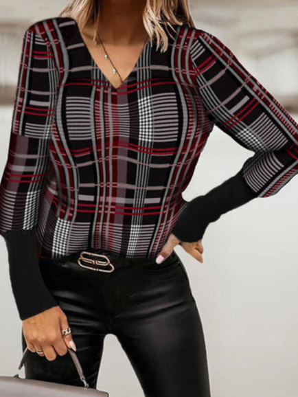 

Casual V Neck Loosen Geometric Shirts & Tops, Black, Tops