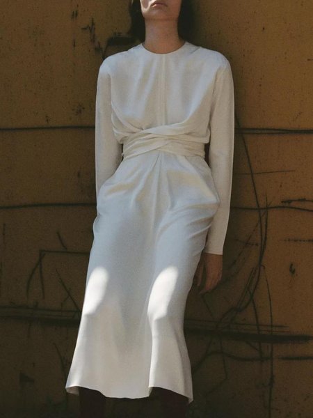 

Crew Neck Simple Long Sleeve Plain Midi Dress, White, Midi Dresses
