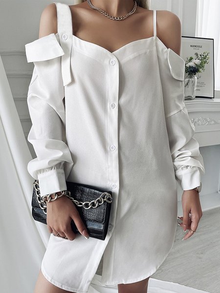 

Cold Shoulder Plain Casual Long Sleeve Mini Shirt Dresses, White, Mini Dresses