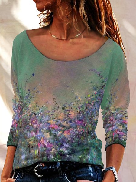 

Gradient floral print round neck long-sleeved shirt, Green, Hoodies&Sweatshirts