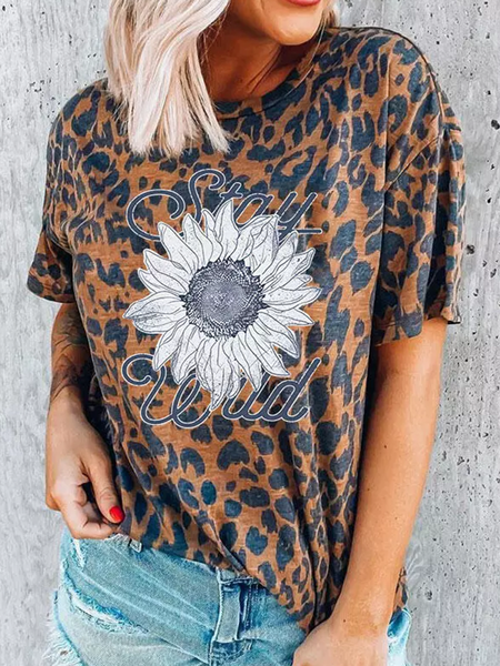

Sunflower Leopard Stay Wild Round Neck T-Shirts & Tops, Tops