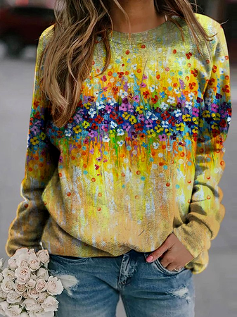 

Floral Cotton Blends Casual Long sleeve T-shirt, Yellow, Tops