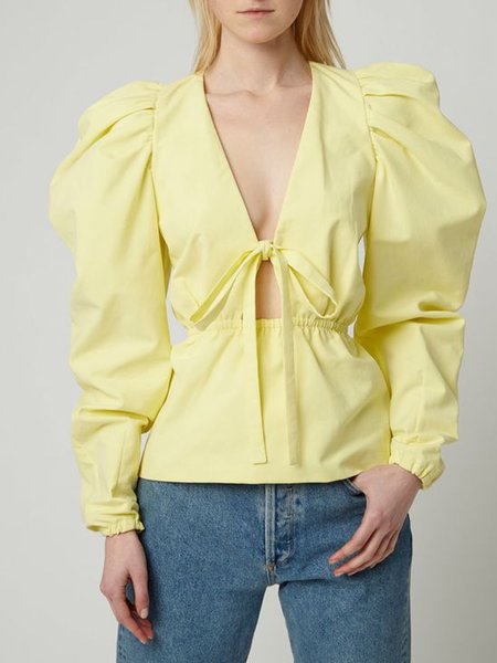 

Puff Sleeve V Neck Cute Plain Top, Yellow, Tops