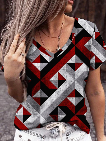

Cotton Blends V Neck Geometric Shirts & Tops, Red, Tops