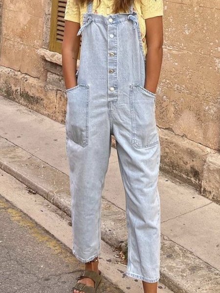 

Solid Casual Denim Plain One-Pieces Jumpsuit, Blue, Jumpsuits