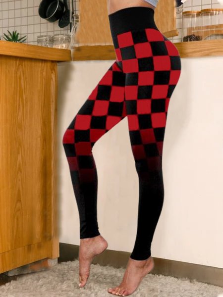 

Plaid Printed Casual Plus Size Skinny Leggings, Red-black, Leggings