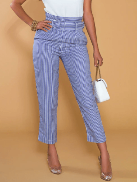 

Spring Mid-weight Striped Elegant Slightly stretchy Pants, Blue, Cropped Pants