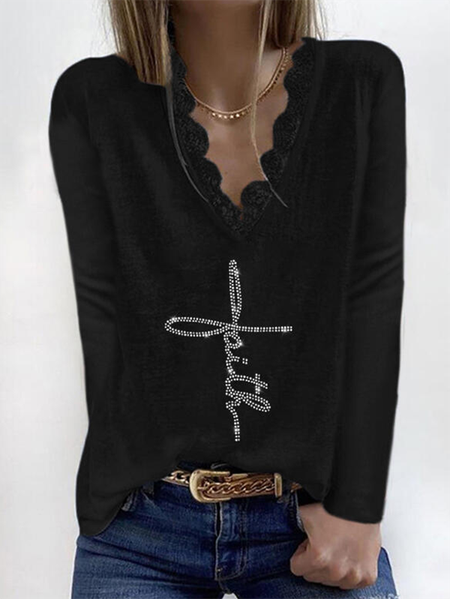 

Lace Letter V Neck Casual Long Sleeve Shirts & Tops Graphic T-shirts For Women, Black, T-Shirts