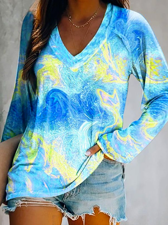 

Abstract V Neck Cotton Blends Sea Casual Shirts & Tops, Blue, Tops