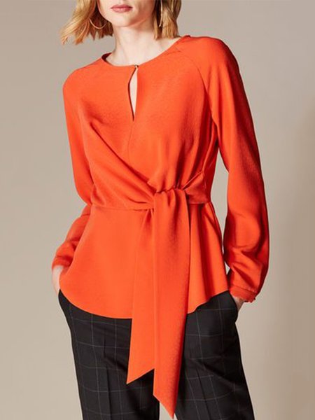 Casual Long Sleeve Regular Fit Solid Top, Orange, Tops