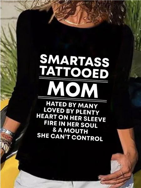 

Smartass Tattooed Mom Funny Crew Neck Casual Shirts & Tops, Black, T-Shirts