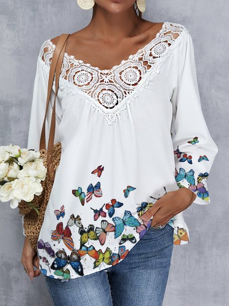 

V Neck Casual Tops, White, Tops