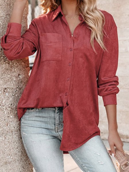 

Solid Shirt Collar Casual Loosen Shirts & Tops Long Sleeve Women Blouses For Work, Claret_red, Blouses & Shirts