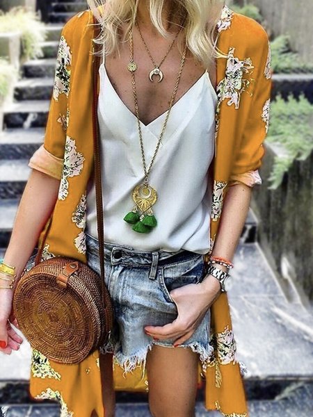 

Boho Collarless Mid-length Outerwear, Mustard, Outerwear