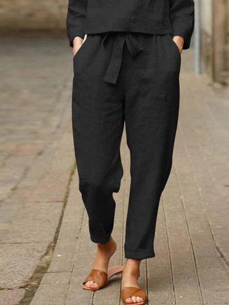 

Loosen Plain Cotton Pants, Black, Pants