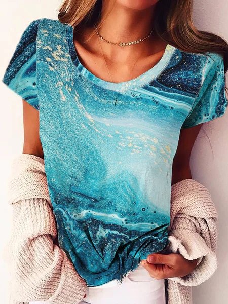 

Crew Neck Casual Cotton Blends Shirts & Tops, Blue, T-Shirts
