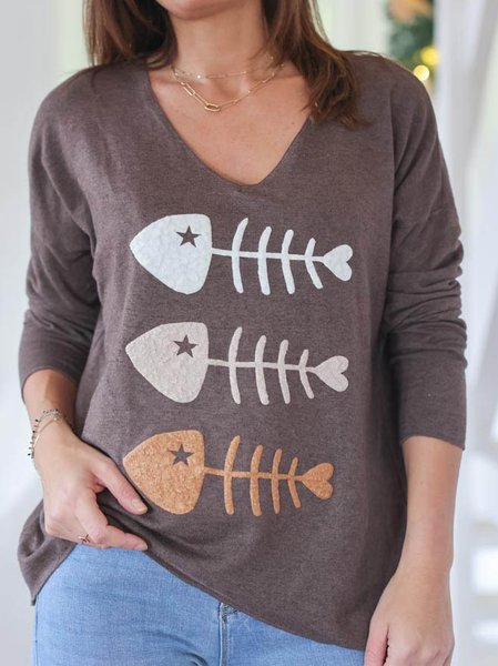 

V Neck Animal Casual Embroidered Shirts & Tops, Brown, Tops