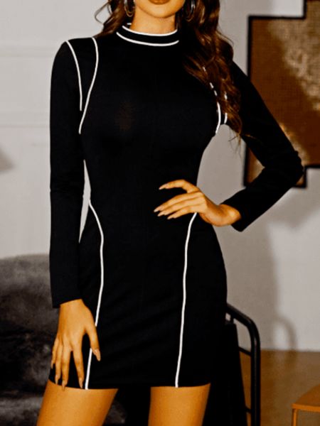 

Spring Color Block Simple Slim Fit High Stretch Daily Date Dresses, Black, Mini Dresses