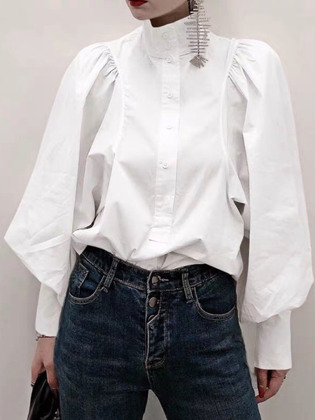 

Spring Simple Work Formal Lightweight Long sleeve Tops, White, Blouses and Shirts