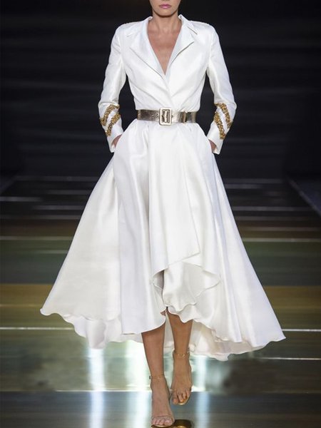 

Lady Shirt Collar Long Sleeve Regular Fit Midi Dress, White, Midi Dresses