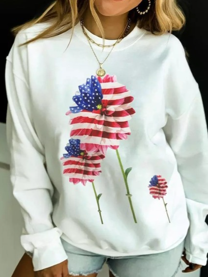 Casual Round Neck Loosen Flag Sweatshirt, White, Hoodies & Sweatshirts