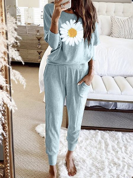 

Flower Print Long Sleeve Casual Suits, Aqua blue, Two-piece Outfits