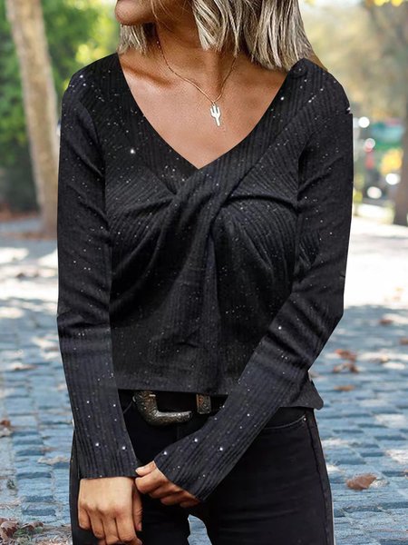 

Short sleeve V-neck glitter gorgeous high elastic fit top T-shirt kink decoration Plus Size Gliter Sequins, Black, Tops