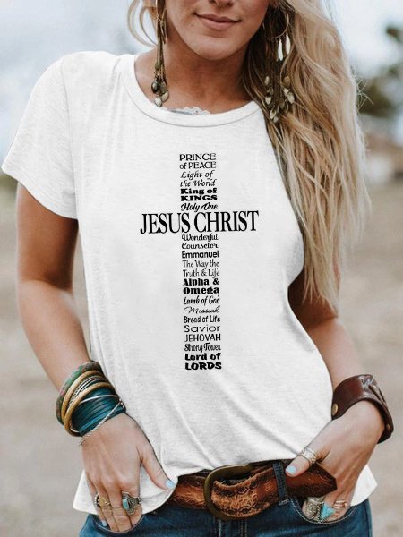 Jesus Cotton Blends Loosen Crew Neck Shirts & Tops, White, T-Shirts
