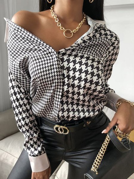 

Shirt Collar Houndstooth Daily Regular Fit Shirt, Black, Blouses and Shirts