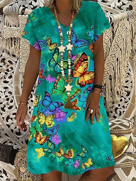 

Women's Knee Length Dress Short Sleeve Print Butterfly Spring Summer V Neck Dresses, Multicolor, Boho dresses