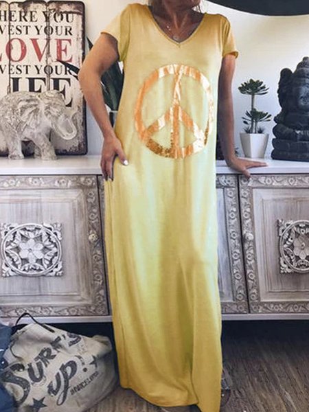 

Loosen V Neck Short Sleeve Maxi Dresses, Mustard, Maxi Dresses