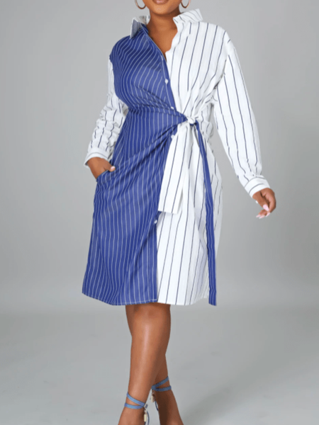 

Spring Long sleeve Simple Striped Daily Household Lightweight Dresses, Stripe, Midi Dresses