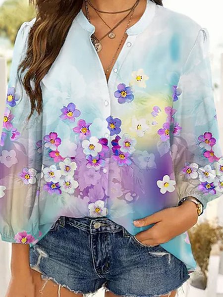 

Ombre V Neck Vacation Floral Shirts & Tops, Multicolor, Blouses & Shirts