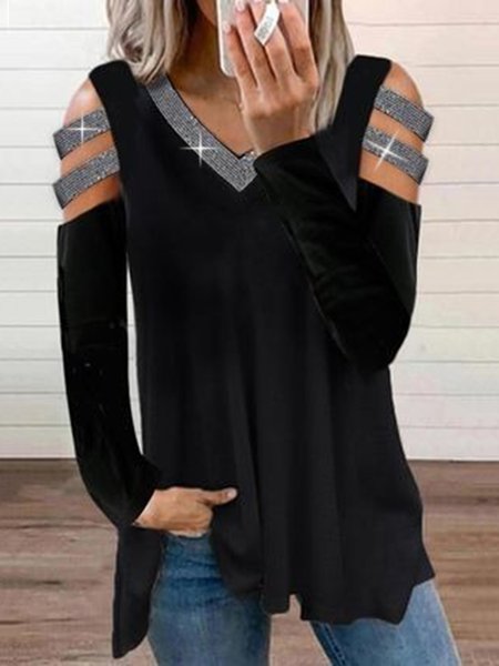

Sequins Casual V Neck Solid Loosen Tops, Black, Tops