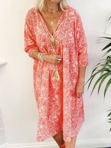 

Floral Loosen V Neck Holiday Midi Dresses, Dark pink, Midi Dresses