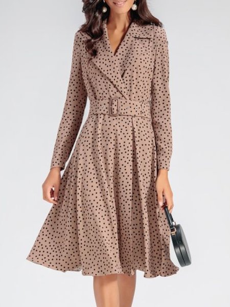 

Lapel Elegant Polka Dots Long sleeve Dress, Khaki, Midi Dresses