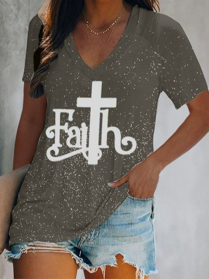 

V Neck Cotton Blends Casual Shirts & Tops, Deep khaki, Tops