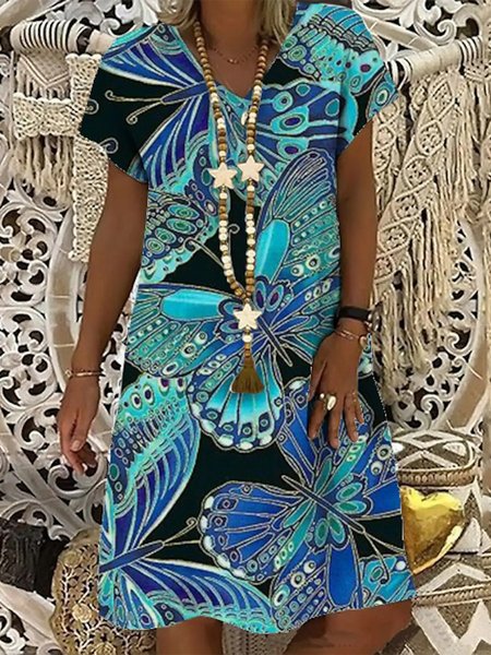

Vacation V Neck Butterfly Dresses, Blue, Boho dresses