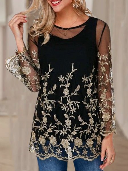 

Casual Mesh Long Sleeve Round Neck Floral Tops & Vests, Black, Tops