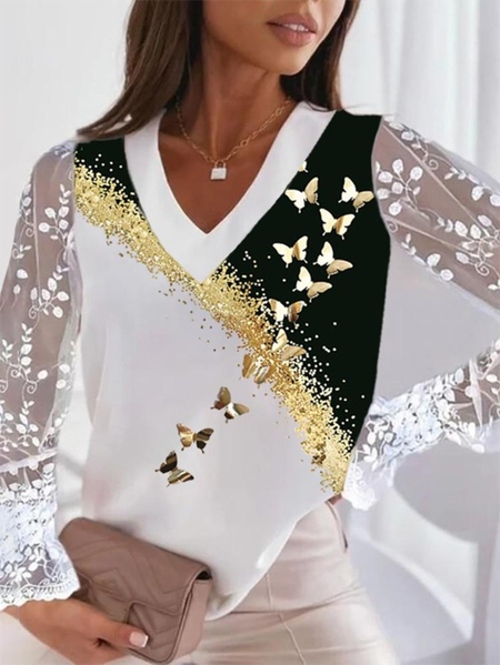 

Long Sleeve V Neck Butterfly Casual Long Sleeve Shirts & Tops Women（Not sequins but prints）, White, Tops