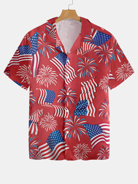 

Vacation Leisure Fireworks And American Flag Pattern Hawaiian Style Printed Shirt Top, As picture, Men's Floral shirt