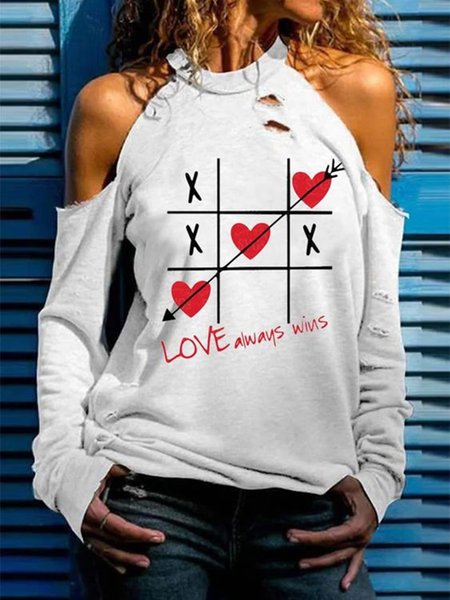 

Valentine's Day heart Casual Loosen Letter Shirts & Tops, White, Tops
