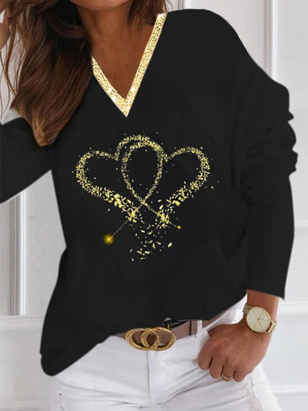 

V Neck Long Sleeve Casual Geometric Shirts & Tops（Not sequins but prints）, Black, T-Shirts