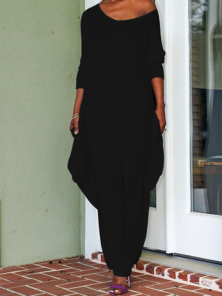 Plain Women's Plus Size loose Casual Jumpsuit, Black, Jumpsuits
