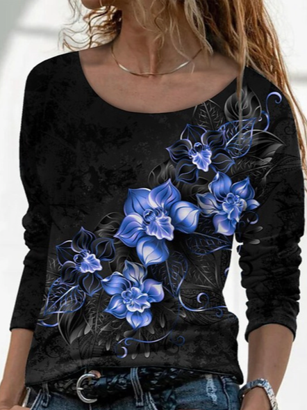 

Scoop Neckline Floral Cotton Blends Casual Shirts & Tops, Black, Tops